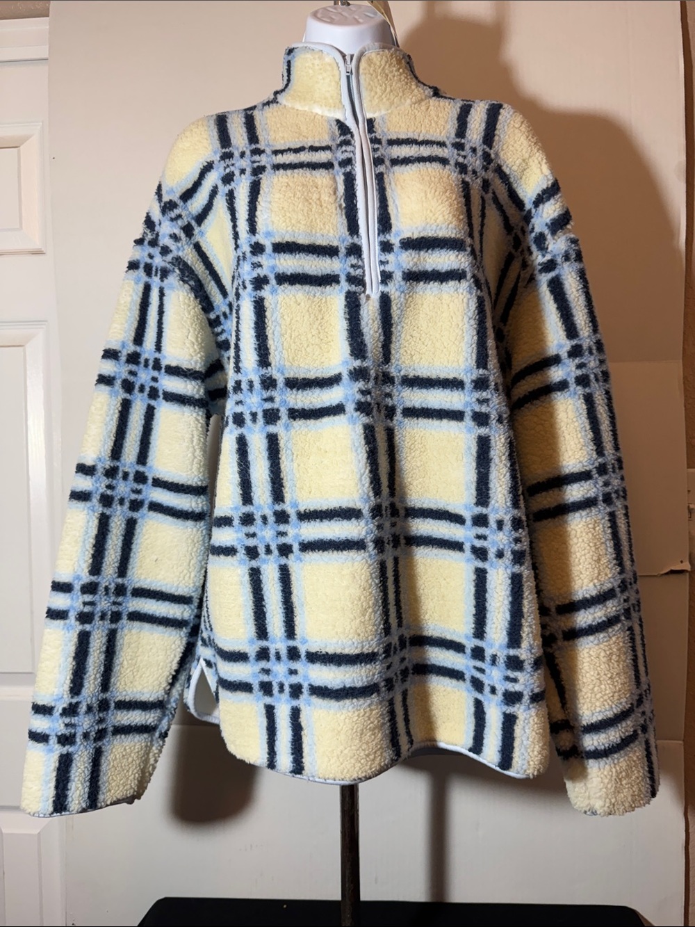 BDG Yellow and Navy Plaid Sherpa Half-Zip Pullover